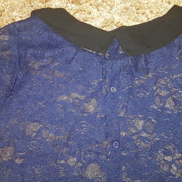 4/$20 Lace See through Blouse Shirt with Black Collar and Row of Buttons - Picture 6 of 6